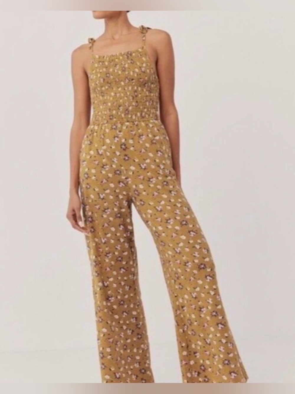 Pact Organic Cotton Mustard Yellow Floral Smocked Wide-Leg Jumpsuit - Size XXL